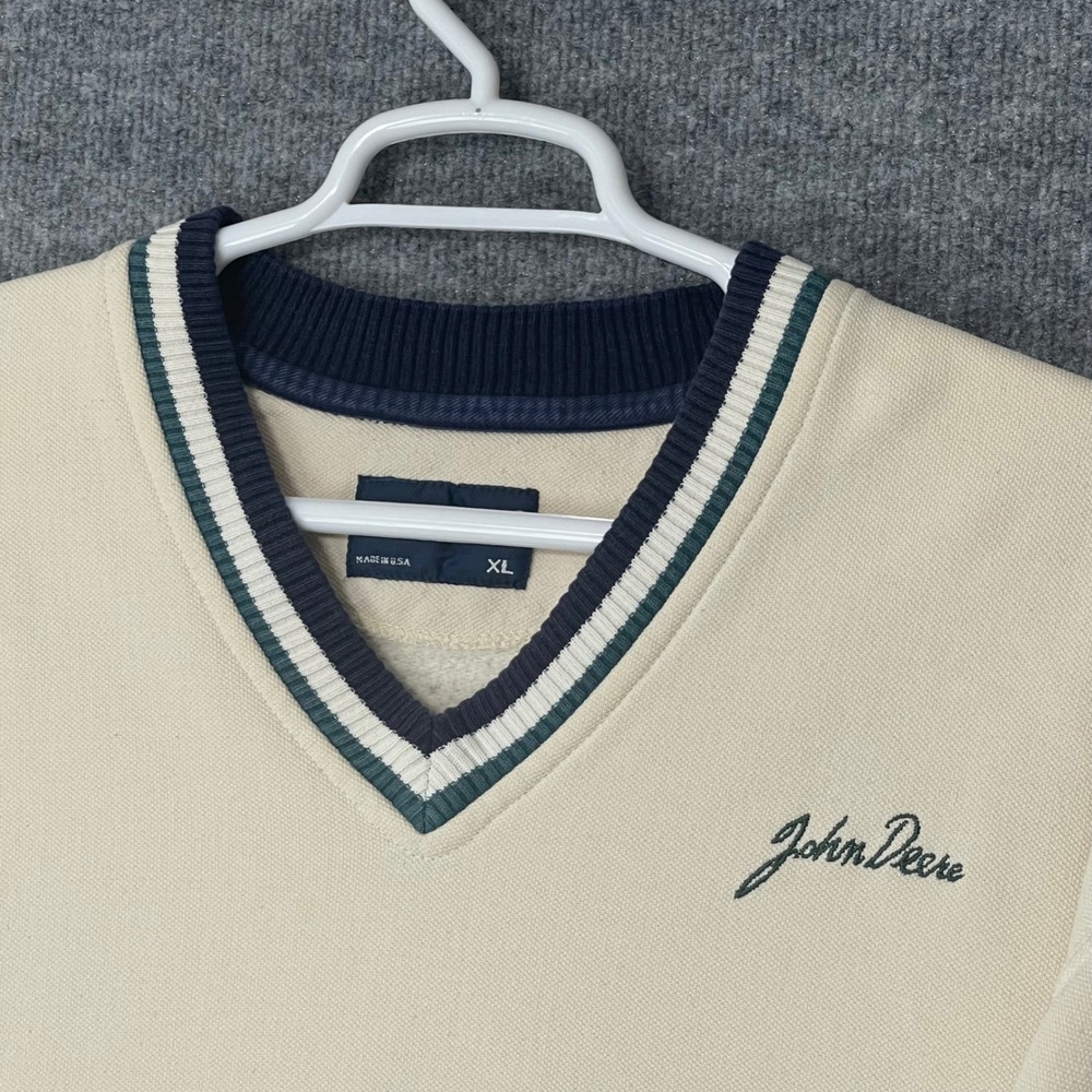 Vintage John Deere Swingster V-Neck Sweater Mens XL Made in USA Striped‎ Trim